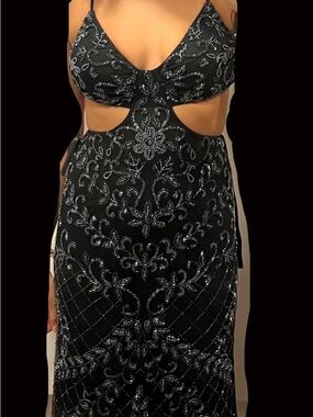 Embellished Black Backless Cutout Evening Gown